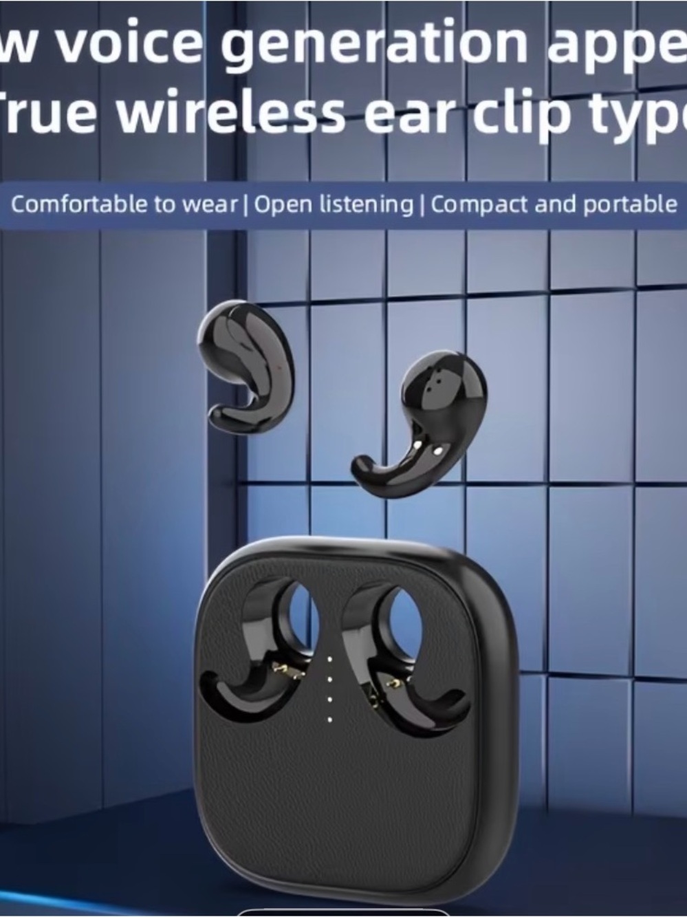Black True Wireless Ear Clip Earbuds with Charging Case